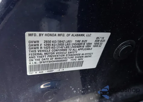 2019 Honda Pilot Ex-L из США, поврежденный, VIN 5FNYF6H54KB080802